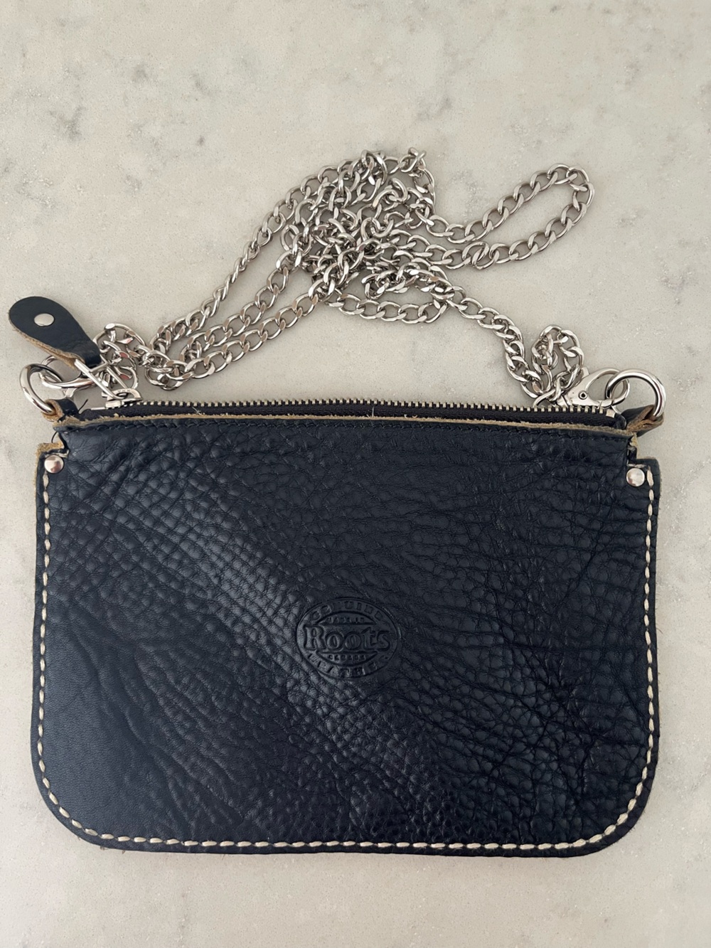 Roots Pebbled Black Leather Crossbody Chain Bag